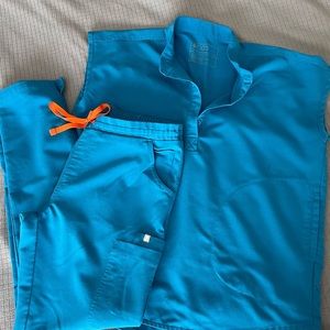 FIGS Alps Blue scrubs, XS Rafaela top, S Yola pant
